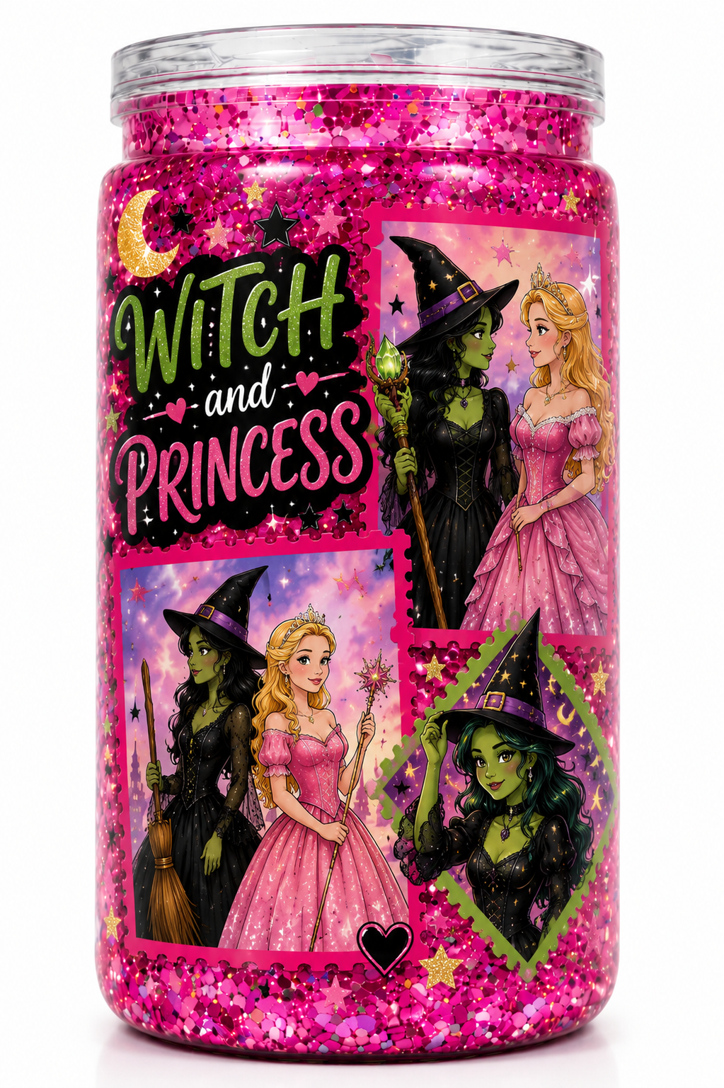 Witch & Princess Glitter Snow Globe Tumbler 16oz | Handmade Acrylic Cold Cup